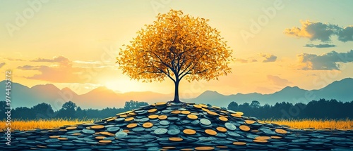 A conceptual image of a tree growing from a pile of coins and bills, symbolizing sustainable financial growth