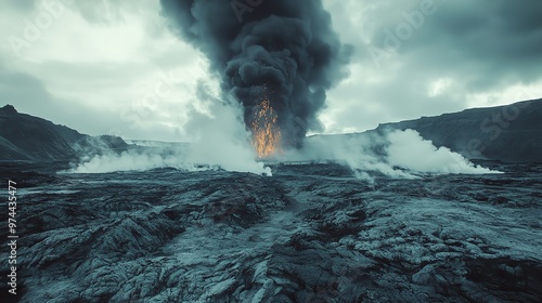 Dramatic volcanic eruption with smoke and lava flow.