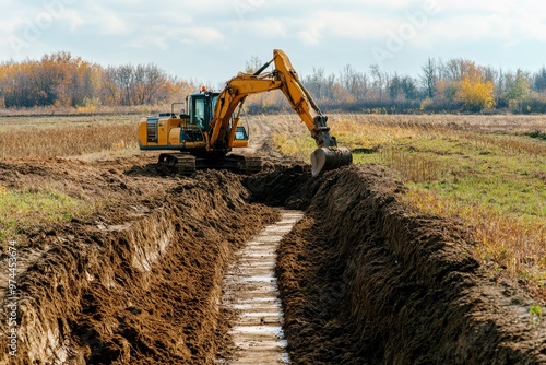 excavator digging trench in rural field for construction project, heavy equipment used for land development and infrastructure installation in agricultural area