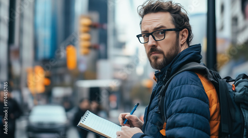 Man Writing Notes on Busy Street