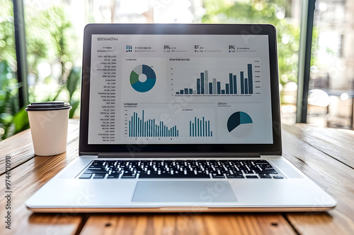 Photo laptop is displayed on a wooden table, showcasing charts and graphs related to analysis, business accounting, and statistics concepts.