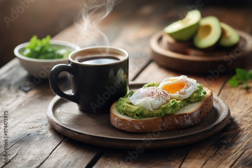 A cozy breakfast scene featuring avocado toast with a poached egg and a cup of coffee.