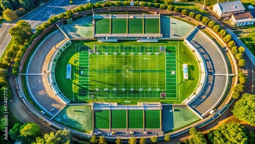 Aerial view of a lush green American football field with yard lines, goalposts, and stadium seating under a clear blue sunny sky.