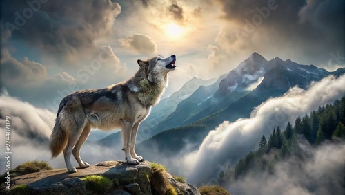 A majestic gray wolf stands alone on a misty mountain ridge, its piercing howl echoing through the wilderness as it lets out a haunting, primal scream.