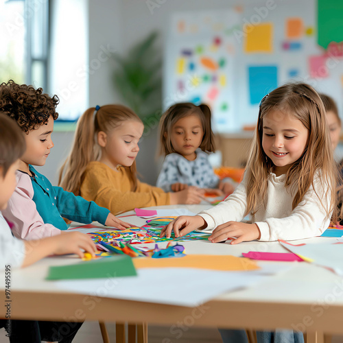 Happy primary school children collaborating on a creative art project, hands-on learning, colorful environment, Primary education, Teamwork