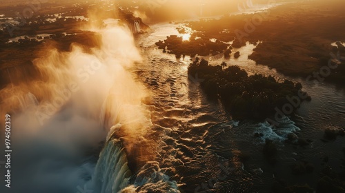 Aerial view of Victoria Falls during the flood season, with the entire width of the falls filled with water and creating a dramatic display