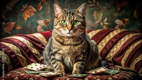 A sly, whiskered feline sitting on a velvet cushion, gazing mischievously with piercing green eyes, surrounded by scattered playing cards and torn fabric.