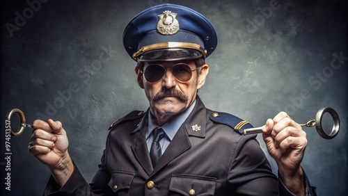 Attractive mature man wearing retro police uniform, aviator sunglasses, and fake mustache, posing confidently with handcuffs and baton, perfect for humorous Halloween costume inspiration.