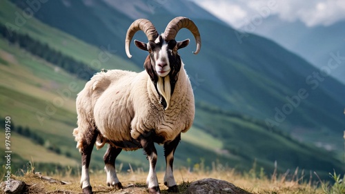 A majestic ram with large curled horns stands proudly against a backdrop of rolling green hills.