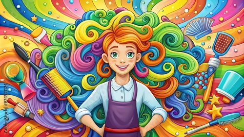 A whimsical illustration of a cheerful cartoon hairstylist, surrounded by colorful hair tools and products, stands proudly in front of a bright, swirling hair design background.