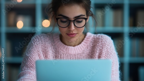 A young woman wearing glasses and a pink sweater is deeply focused on her laptop, seated in a cozy home library, reflecting study and introspection.