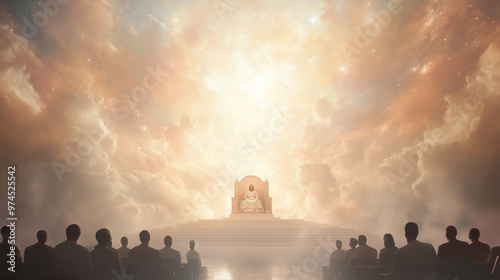 grand and awe-inspiring scene featuring the Judgment Seat of Christ set in a celestial realm. Christ is depicted seated on a majestic throne, surrounded by radiant light and heaven