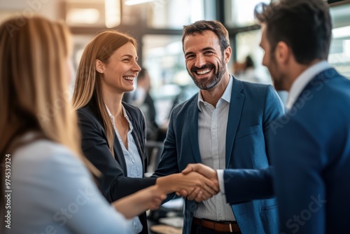 Business professionals meet for the first time at a conference, exchanging smiles and handshakes as they introduce themselves. The environment is welcoming and conducive to networking.