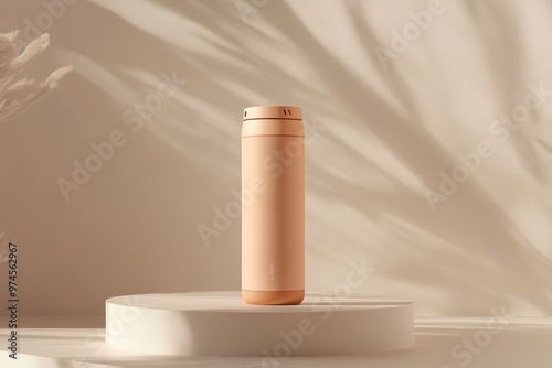 A minimalist pink insulated bottle on a circular pedestal against a soft, shadowed background.