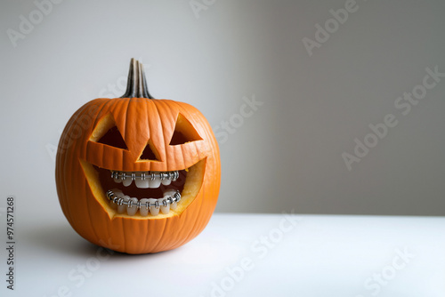 A carved Halloween pumpkin with braces, smiling cheerfully and showing off its nice teeth against a neutral background, promoting dental health care