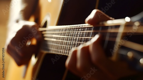 Musician’s Hand Playing a Guitar: A musician's hand strumming a guitar, with focus on the strings and hand movements. 