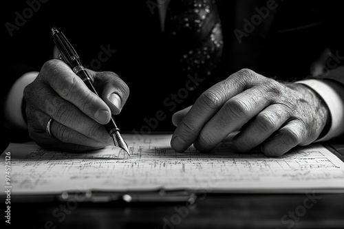 Corporate lawyer meticulously poring over contracts