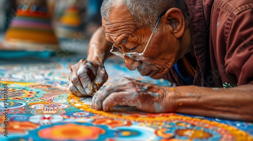 Tibetan monks meticulously creating a sand mandala, with intricate patterns and vibrant colors that represent the impermanence of life. The focus and dedication of the monks are emphasized in 