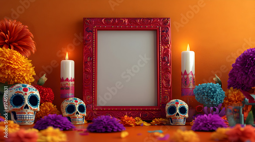 un altar de muertos con un marco o porta retrato para fotos y decoracion alusiva a la tradicional fiesta del dia de muertos en mexico