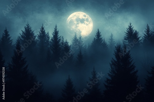 Full moon rising over misty forest