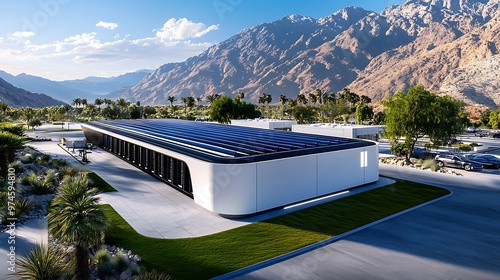 A modern data center equipped with solar panels blends into a scenic mountain landscape, representing sustainability and technology.