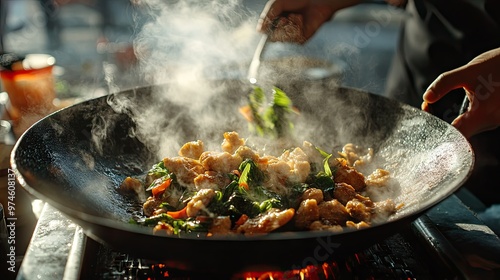 Vendor tossing spicy stir-fried basil chicken (pad kra pao) in a sizzling wok, with steam rising and the aroma filling the street.