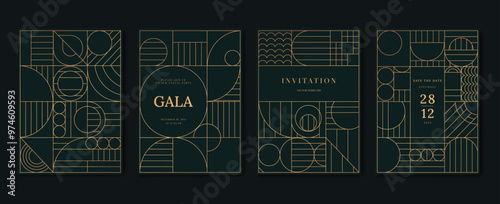 Luxury invitation card background vector. Elegant classic antique design, gold lines gradient on dark green background. Premium design illustration for gala card, grand opening, art deco.