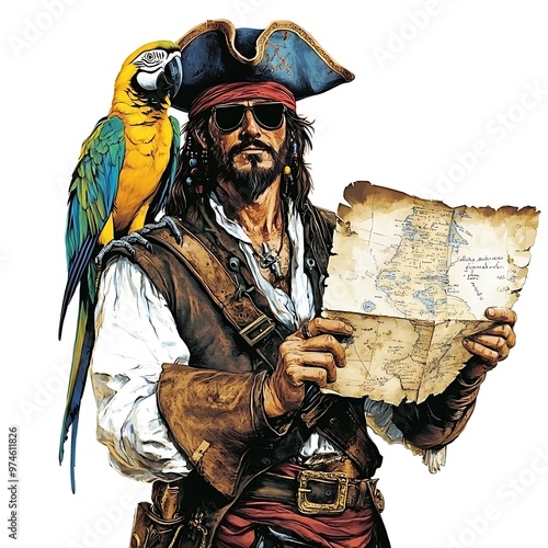 Pirate Captain with Parrot and Treasure Map.