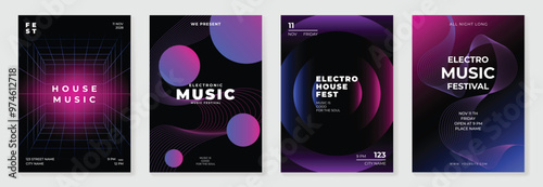 Music poster design background vector set. Electro Sound Cover template with vibrant abstract gradient line wave, geometric shape. Ideal design for social media, flyer, party, music festival, club.