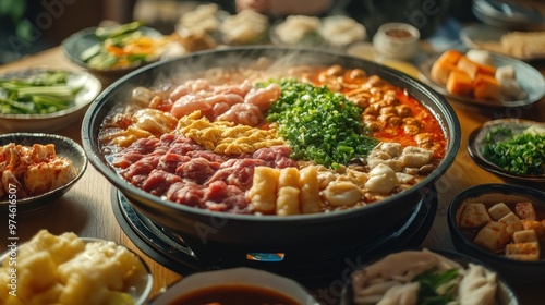 24. A beautifully arranged hotpot table, featuring various cuts of meat, seafood, tofu, and vegetables ready to be cooked in the bubbling pot of spicy broth at the center.