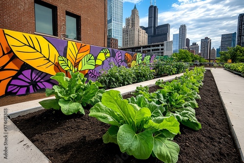 A colorful city mural of urban farming next to an actual garden space, blending art and agriculture