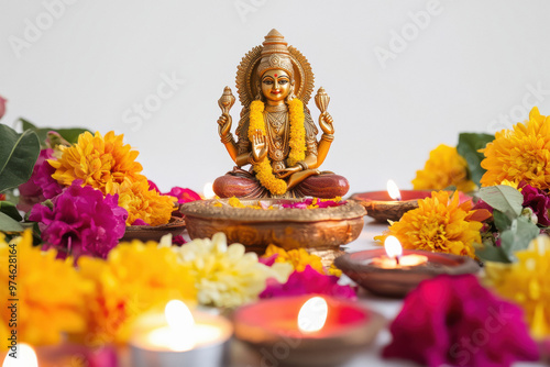 colourful and beautiful lord Laxmi statue sits on a table surrounded by flowers and candles