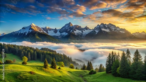 Serene majestic mountainscape featuring snow-capped peaks, lush green valleys, and misty fog rolling in at dawn, set against a brilliant blue sky with wispy clouds.