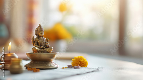 colourful and beautiful goddess Laxmi statue sits on a table surrounded by flowers and candles