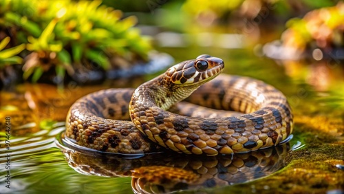 Small juvenile diamondback water snake, patterned with dark brown blotches on a lighter brown body, coils on a moss-covered rock near a forest pond.