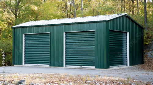 A green metal storage shed with two large roll-up doors situated in a serene outdoor setting, perfect for organization and storage.