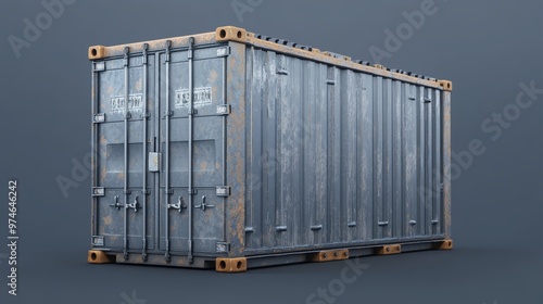 A weathered shipping container, ideal for transportation or storage, showcasing industrial design and robust structure.