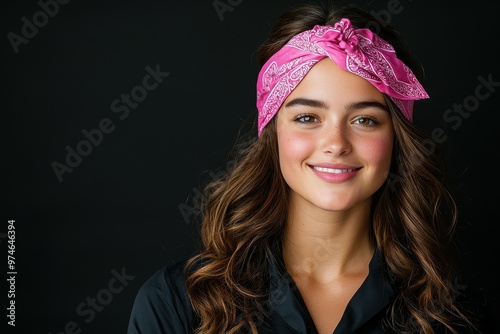 Smiling young woman with long wavy hair and a pink bandana on a dark background