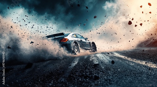 A high-speed car drifting on a dirt road, kicking up dust and debris under a dramatic sky.