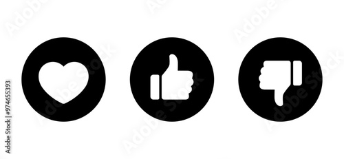 Love, like, and dislike icon on black circle. Heart, hand thumb up and down concept