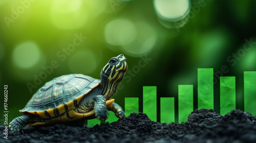 small turtle standing on green rising market chart graph. symbolizing slow rise of long time investments. increasing economical growth market