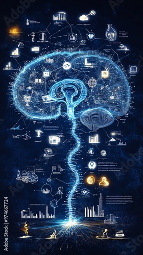 A futuristic representation of the human brain with interconnected ideas, symbols, and technology illustrating intelligence and creativity.