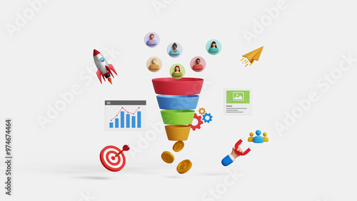 Lead generation, CRO, conversion rate optimization concept. Utilize website traffic, convert audience into sales. Inbound marketing strategy. 3D marketing funnel attracting audience