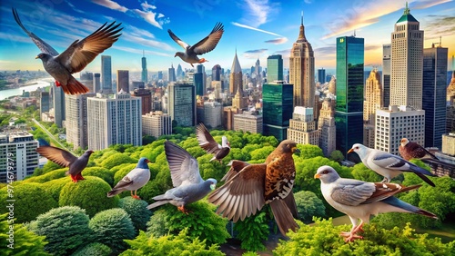 Vibrant cityscape captures diverse birdlife thriving amidst concrete skyscrapers, majestic pigeons, chirping sparrows, and majestic hawks coexisting with urban bustle in New York City's green oases.