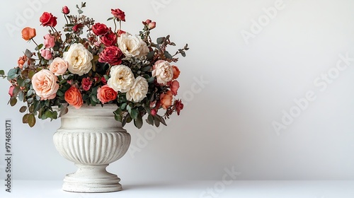 Antique Roman Style White Concrete Flower Pot and Bouquets of various types of flowers isolated on white background : Generative AI