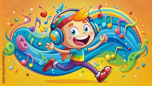 Vibrant, colorful illustration of a smiling cartoon character running with music notes and headphones, surrounded by upbeat, energetic musical instruments and swirling sound waves.