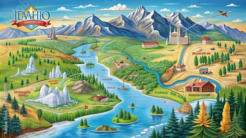 Vibrant digital illustration of Idaho's geography, showcasing major cities, winding rivers, and scenic landscapes, with precise labeling and colorful graphics.