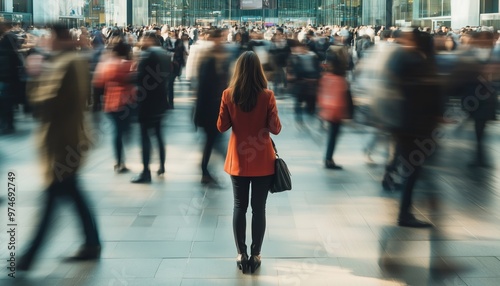 Businesswoman Standing In A Busy Street Surrounded By Mobile Phone Users, Holding A Hand Bag Amongst The Crowd.