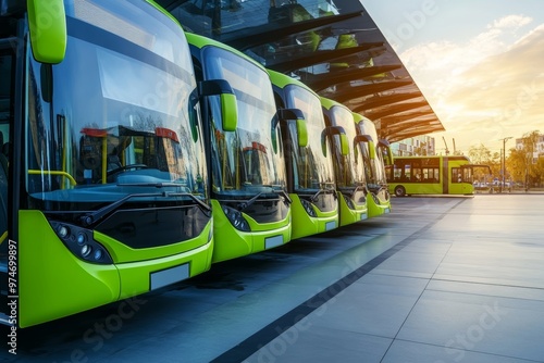 Eco friendly electric buses stationed in a modern urban transit hub for sustainable transportation