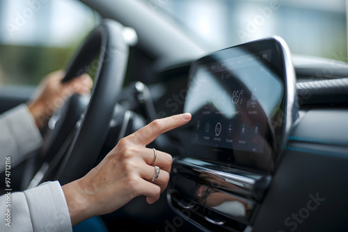 Close-up of a Hand Interacting with Car Touchscreen Display in Modern Vehicle